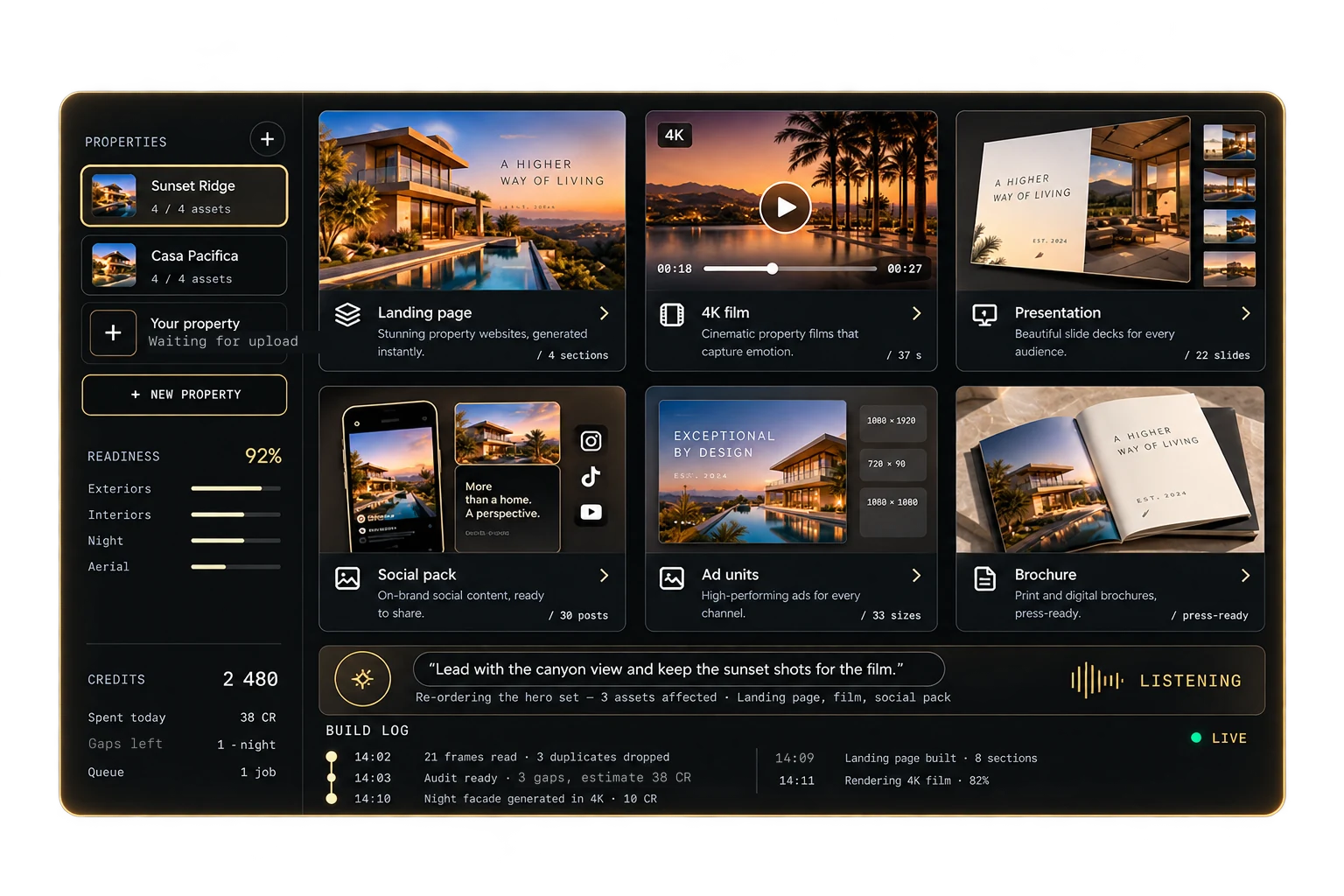 Кабинет Estate Luma: объекты в списке, готовые материалы на холсте и ИИ-помощник