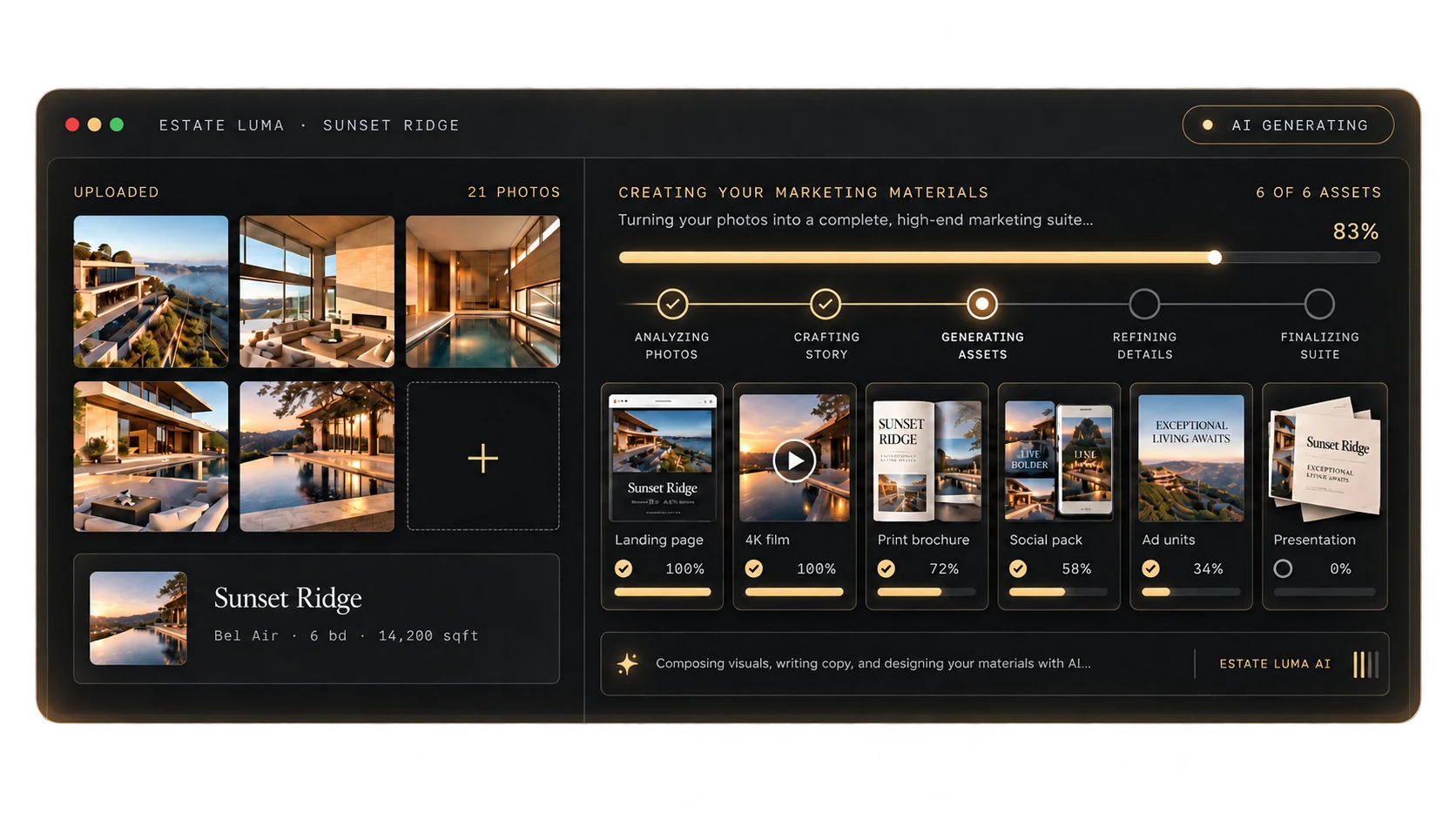 Кабинет Estate Luma: слева загруженные фото объекта, справа собираются шесть материалов